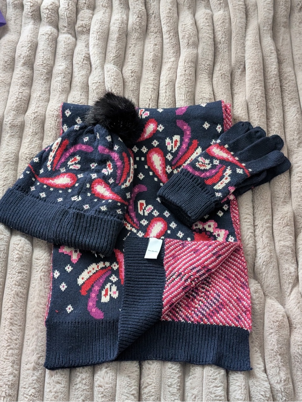 Vera Bradley Navy and Pink Paisley Knit Hat, Scarf & Gloves Set